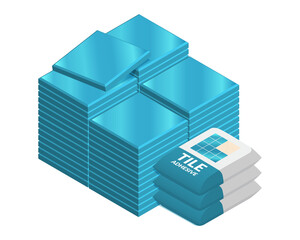 Isometric vector illustration of stack of ceramic tiles and adhesive bag isolated on white background. Realistic blue isometric tiles and glue bag vector icon in flat cartoon style. Building materials