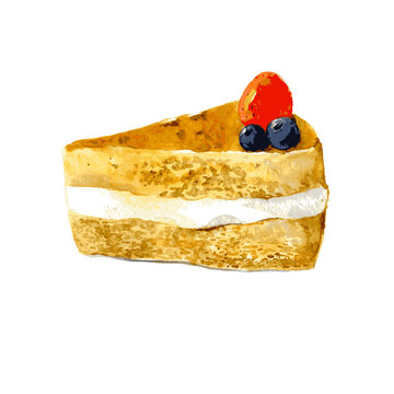 Tasty cake with cream and berries. Hand drawn watercolor illustration isolated on white background.
