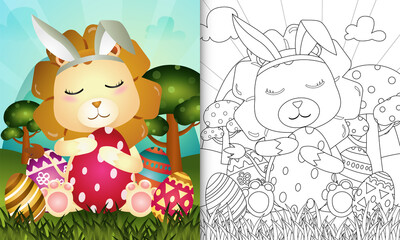 coloring book for kids themed easter with a cute lion using bunny ears headbands hugging eggs