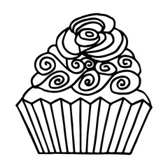 Cartoon cupcake handdrawn vector isolated in doodle design. Maffin, cupcake, deserts black color in white background. Doodle cakes with cream and flowers.