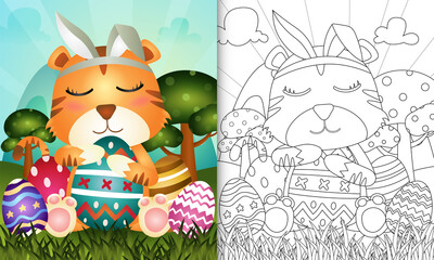 coloring book for kids themed easter with a cute tiger using bunny ears headbands hugging eggs