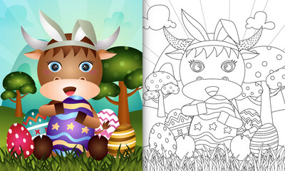 coloring book for kids themed easter with a cute buffalo using bunny ears headbands hugging eggs