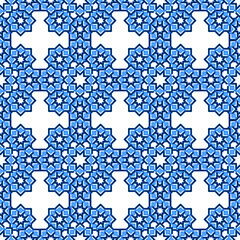Fototapeta na wymiar Complex seamless abstract pattern of curly stars in blue shades, white background.