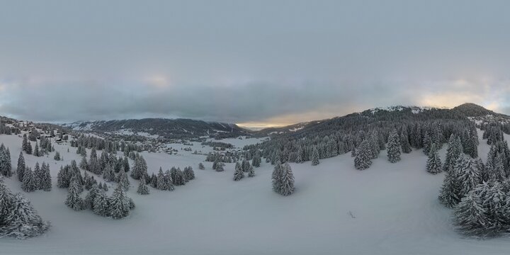 Snow covered mountains and forest blue skies