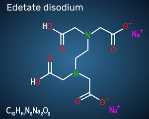 Disodium EDTA, edetate disodium,  disodium edetate,  molecule. It is diamine, is polyvalent chelating agent used to treat hypercalcemia. Structural chemical formula on the dark blue background