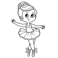 Beautiful cartoon little ballerina girl dancing in tutu outlined for coloring isolated on a white background