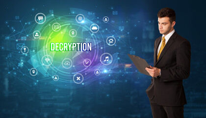 Businessman thinking in front of technology related icons and DECRYPTION inscription, modern technology concept