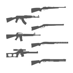 Firearms silhouettes collection, shotgun, m16 rifle and hunt handgun, guns and weapons, vector