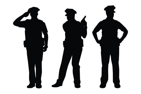 Set of policeman silhouette vector on white background, officer.