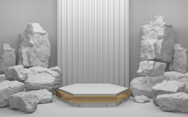 White Rock stones on podium geometric for Product presentation. 3D rendering
