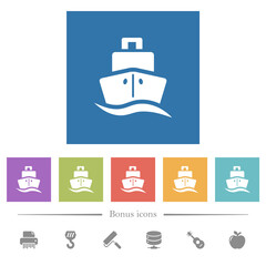 Cruise ship flat white icons in square backgrounds