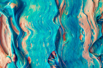 Rough strokes of paint. Artistic fluid abstract volume texture with blue color and orange tint. Raw...