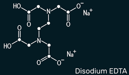 Disodium EDTA, edetate disodium,  disodium edetate,  molecule. It is diamine, is polyvalent chelating agent used to treat hypercalcemia. Skeletal chemical formula on the dark blue background