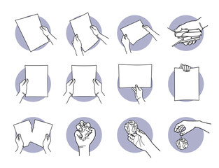 Hand holding A4 paper, staple, tearing, crumpled, and throwing away the paper. Vector illustration of hand holding a holding a paper horizontally and vertically. Hand destroy the paper and discard.