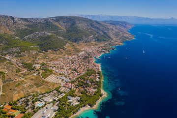 City of Bol on the island of Brac on the Adriatic coast in Croatia. One of the most popular tourist places. Famous for its long beach Golden horn and always windy conditions perfect for windsurfing. 