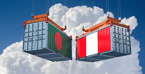 Freight containers with Bangladesh and Peru flag. 3D Rendering 