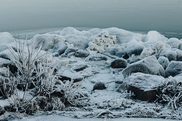 Ice covered rocks and plants on the river coast.