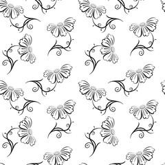 Seamless pattern Flower abstract motif outline silhouette. Black drawing on a white background for fabric, wallpaper, curtains, interior, paper. Vector illustration isolated