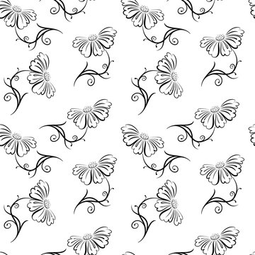 Seamless pattern Flower abstract motif outline silhouette. Black drawing on a white background for fabric, wallpaper, curtains, interior, paper. Vector illustration isolated