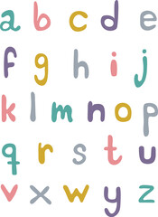 Cute hand lettering alphabeth set in pastel colors on a white background.