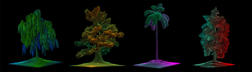 Set of trees in art line style. 3d vector illustration isolated on black background.
