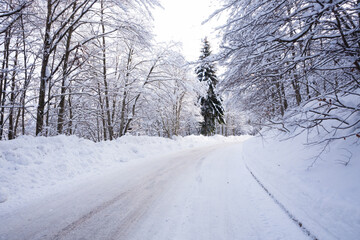 Winter landscape, road covered by snow