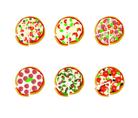 Fototapeta na wymiar Set of top pizza view. Sliced pizza. Vector illustration