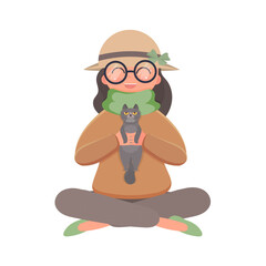 The girl sits in the lotus position and holds the cat. Isolated. Vector.