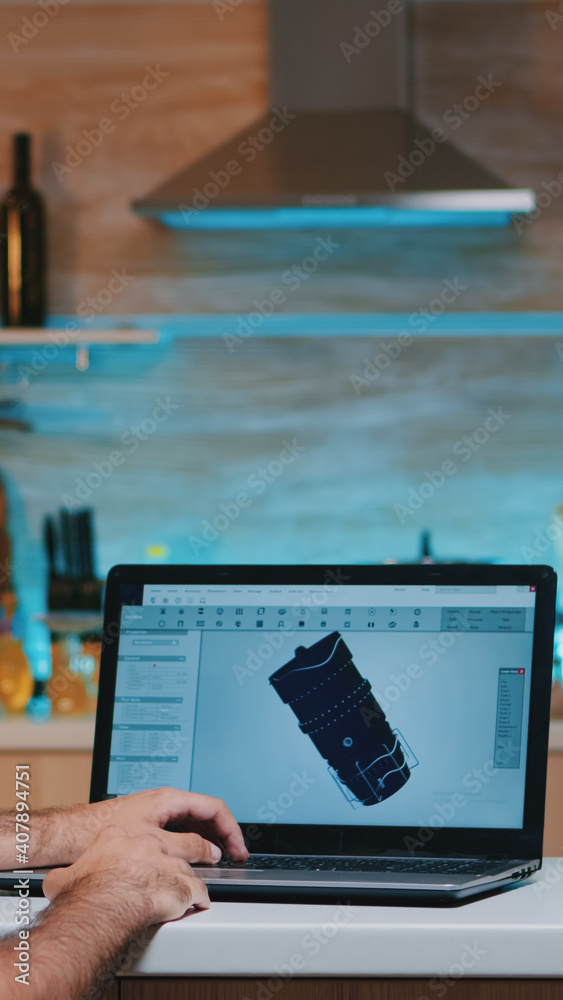 Poster remote man architect working from home at laptop on modern cad program overtime wearing headset. ind