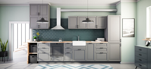 Scandinavian open style kitchen in grey color, green tiles. 3d render