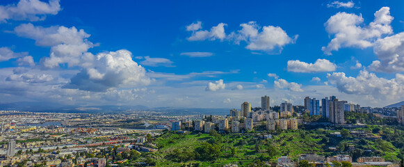 Panoramic view from Mount Carmel to cityscape in Haifa, Israel.