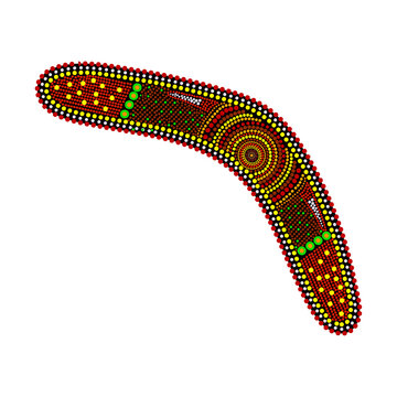 recommend clip art: Boomerang isolated on white background. Australia aboriginal boomerang dot painting. Aboriginal tribal styled weapon. Decorative ethnic style. For flyer, poster, banner, placard, brochure.Stock vector