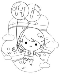 Coloring book for kids. Cute Little Girl Flying With Balloons In The Sky