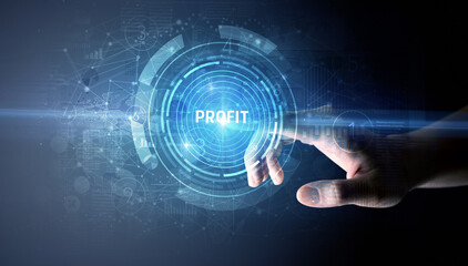Hand touching PROFIT button, modern business technology concept