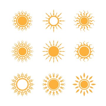 Set of sun icons logo vector in various design. Sun icon silhouette on white isolated background.
