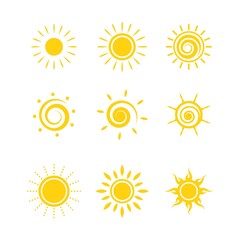 Set of sun icons logo vector in various design. Sun icon silhouette on white isolated background.