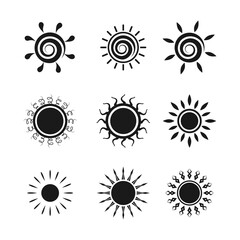 Set of sun icons logo vector in various design. Sun icon silhouette on white isolated background.
