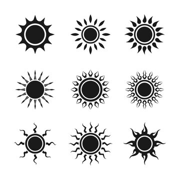 Set of sun icons logo vector in various design. Sun icon silhouette on white isolated background.