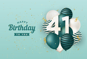 Happy 41th birthday with green balloons greeting card background. 41 years anniversary. 41th celebrating with confetti. Vector stock - obrazy, fototapety, plakaty