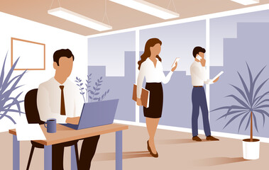 Business young men and woman are working in the office. They use a laptop, phones, discuss documents. Outside the window is the city. Illustration concept.