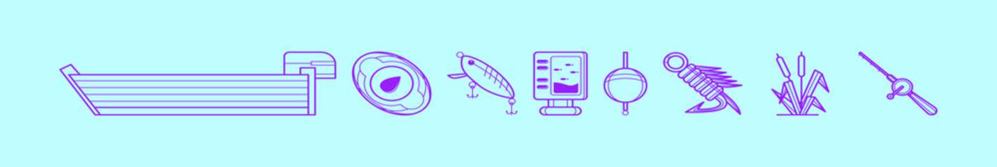 set of fishing cartoon icon design template with various models. vector illustration isolated on blue background