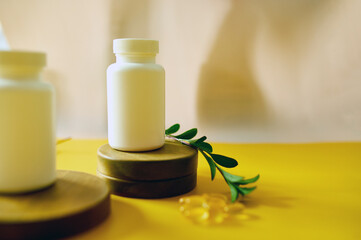Alternative medicine herbal organic capsule with vitamin E, omega three fish oil