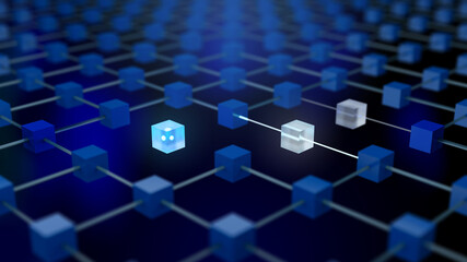 Blockchain Concept Background. Connected Blocks of the Global Decentralized Data Network. Abstract 3D Rendering. - obrazy, fototapety, plakaty