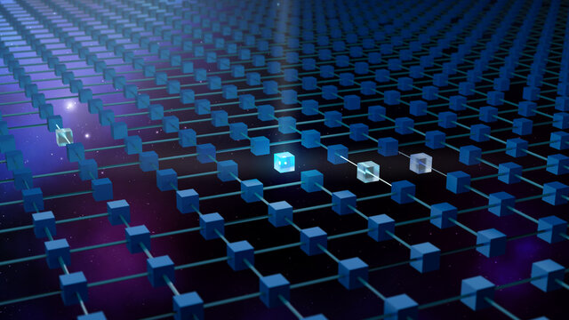 Blockchain Concept Background. Connected Blocks of the Global Decentralized Data Network. Abstract 3D Rendering.
