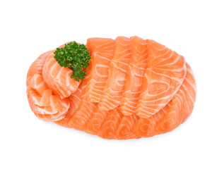 Fillet salmon slices, sashimi isolated on white background, top view.