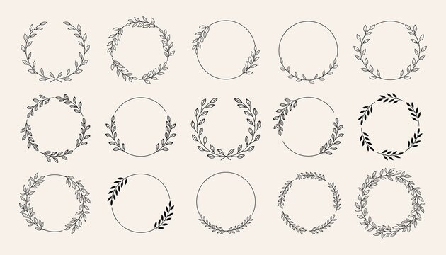 Set of black laurels frames branches with circle borders.  Hand drawn collection laurel leaves decorative elements. award, Leaves, invitation decoration, swirls, ornate. Vector icon illustration.