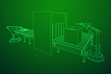 Robotic arm manufacture technology industry assembly mechanic hand. Regular roller conveyor with circuit boards and packed boxes. Wireframe low poly mesh vector illustration