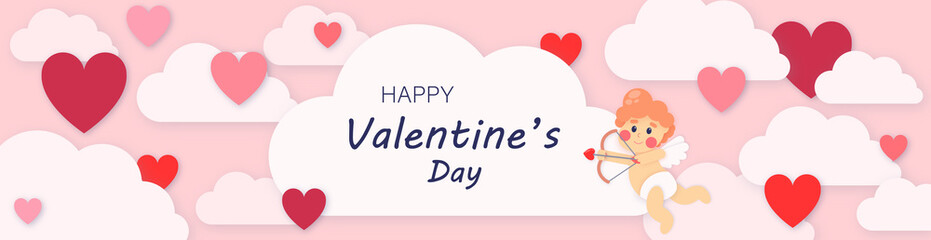 Background banner paper cutout effect 3D happy Valnetine's Day. Pink sky with hearts, clouds and a cupid. Vector illustration