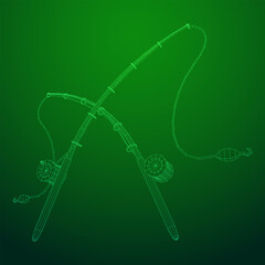 Fishing rod with line sinker and hook. Wireframe low poly mesh vector illustration.