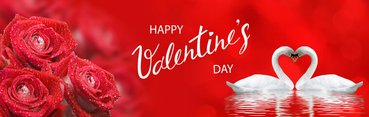 Valentine's Day. Romantic banner. Two swans form a heart shape with their necks